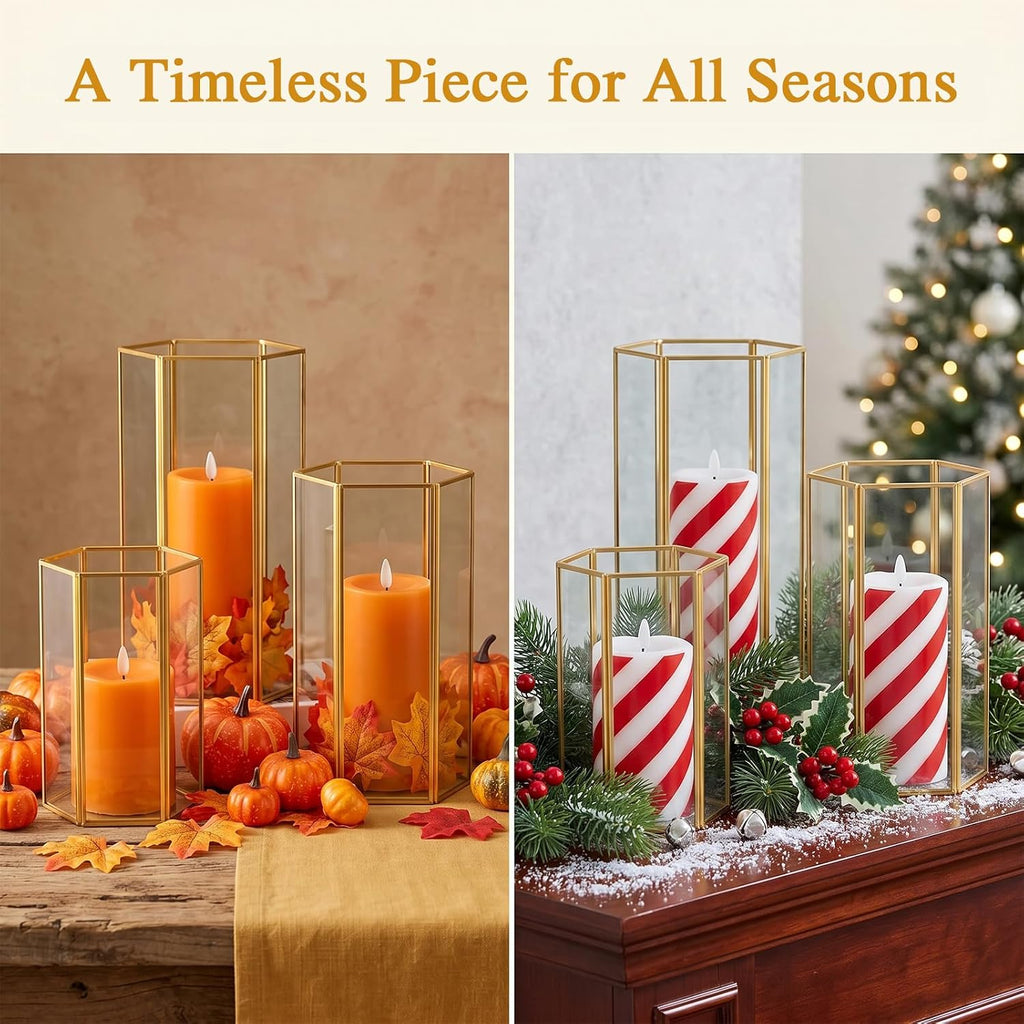 Glass Hurricane Candle Holder, Set of 3 Large Clear Hexagon Lanterns Pillar Candle Lantern with Gold Metal Frame