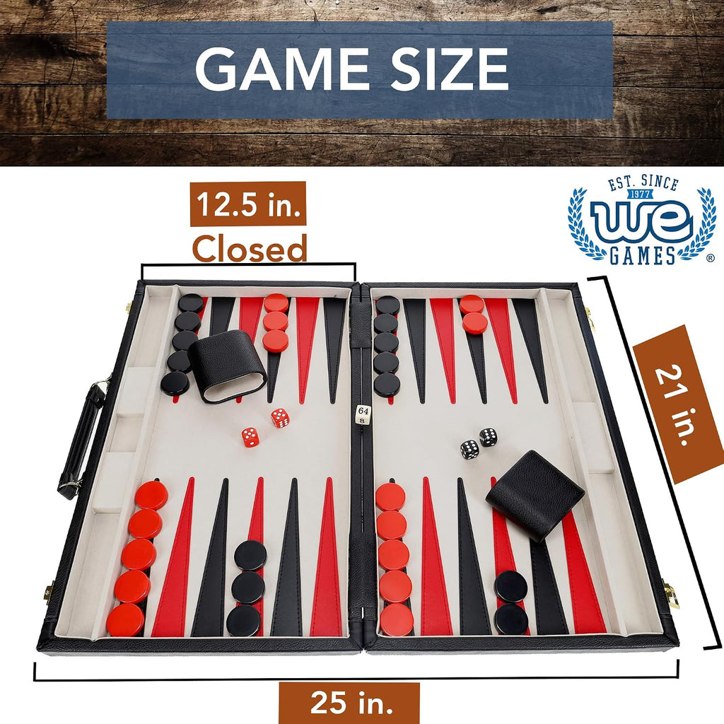 Backgammon Set, Elegant Black Leatherette Case, 21 x 12.5 in. Closed; 25 x 21 in. Open, Family and Adult Board Games