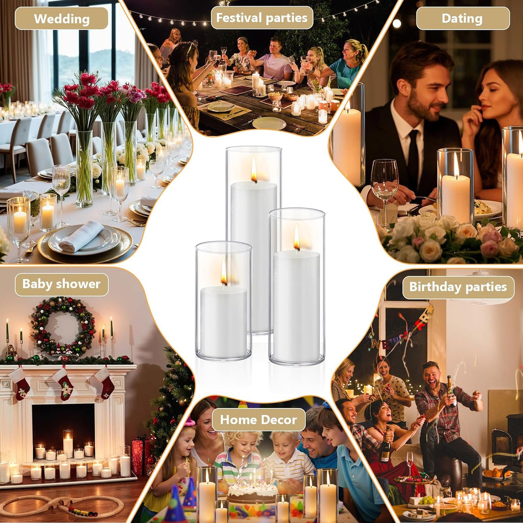 12 PCS White Pillar Candles with Glass Candle Holders Clear Hurricane Candle Holders Glass Cylinder Vases for