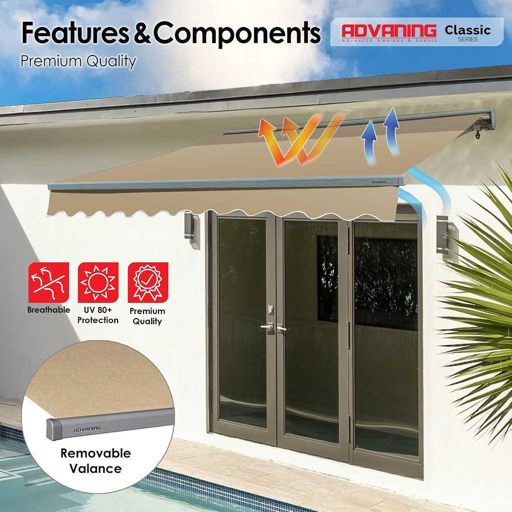 Classic Series 16'X10' Electric Retractable Awning, 100% Acrylic UV+ Sun Shade Canopy, Light Taupe (Solid)