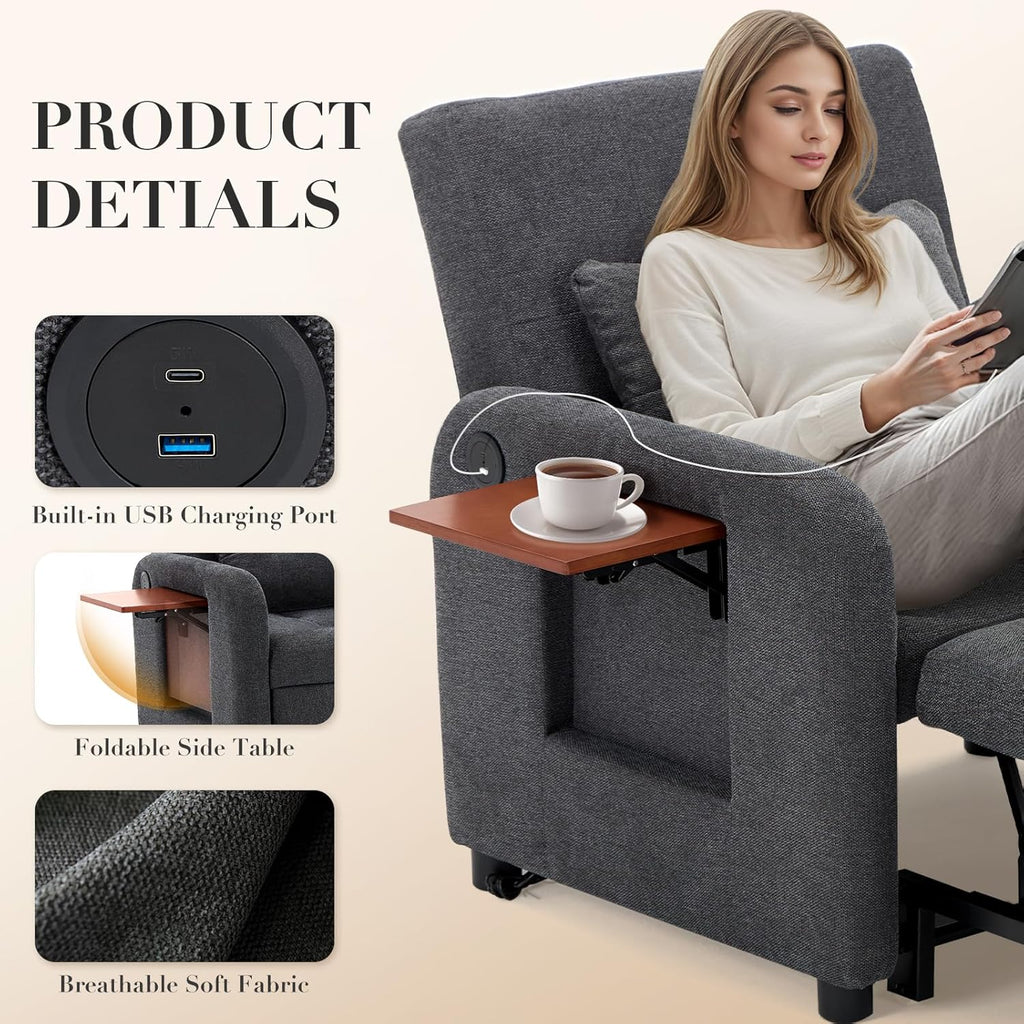 Convertible Sleeper Chair-Fabric Futon Sofa Bed, Single Sleeper Sofa, Small Couch Bed with USB Port, Foldable Table