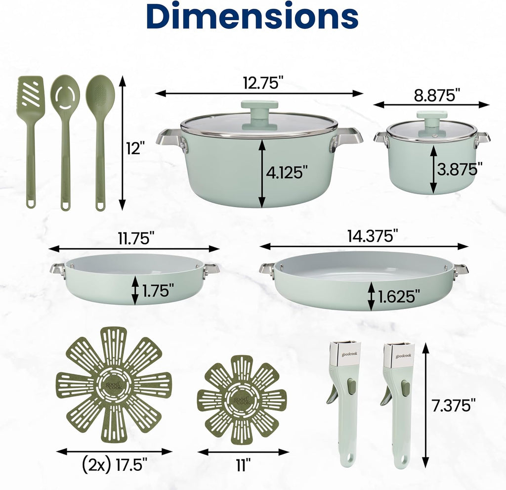 Ceramic Cookware Set 14-Piece with Removable Handles, Nonstick Pots & Pans, Induction & Oven Safe, Sage Green