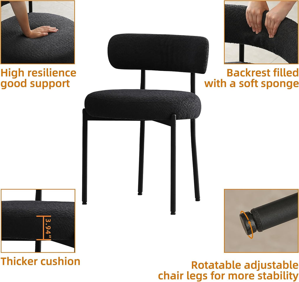 Black Boucle Dining Chairs Set of 2, Mid Century Modern Kitchen Chairs with Curved Backrest and Metal Legs