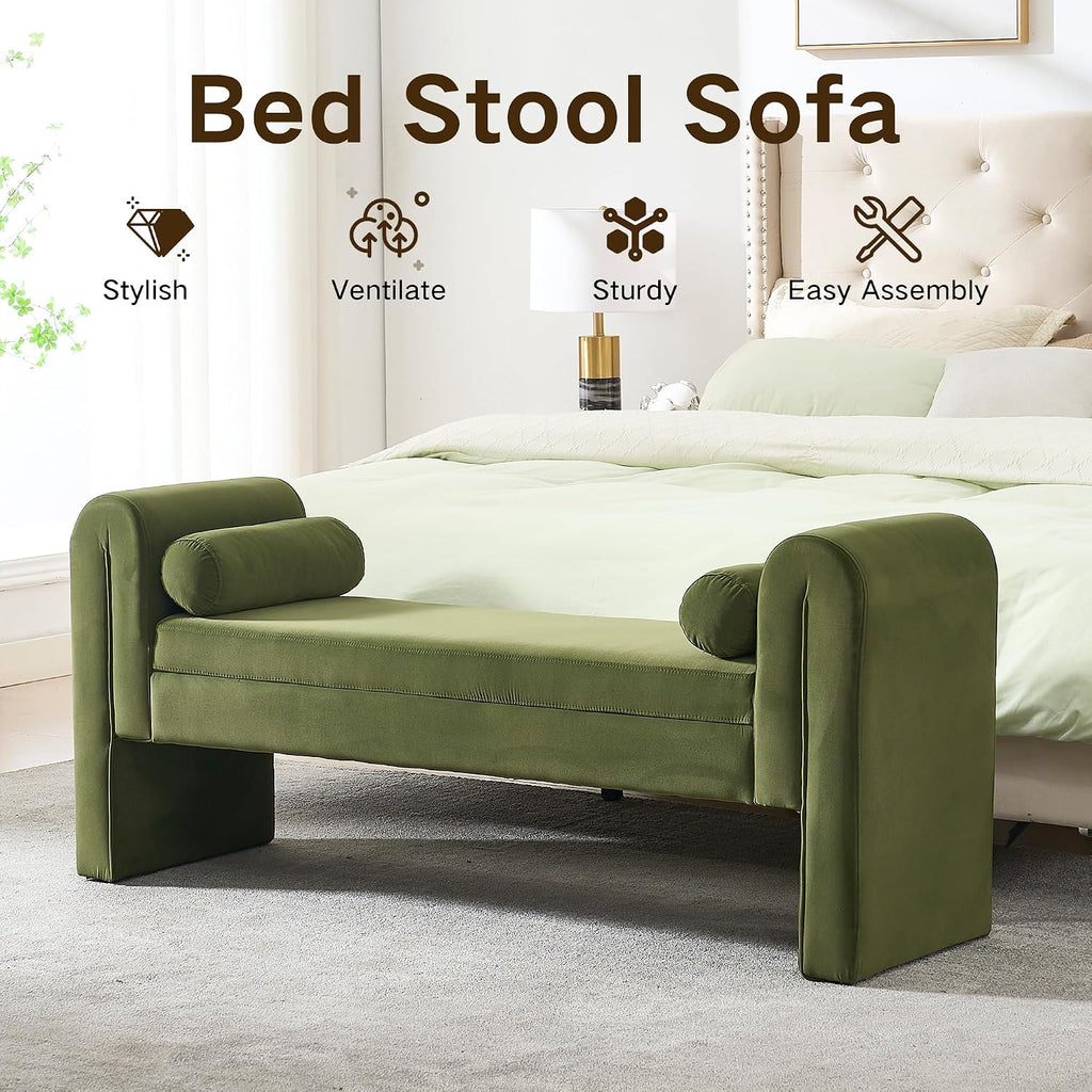 Modern Velvet Bench End of Bed, 60.5" Upholstered Rolled Armed Button Tufted Stool Bench with Storage, Sofa Ottoman