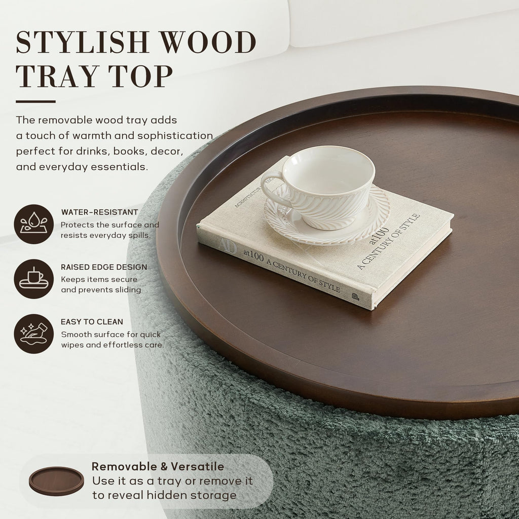30" Round Chenille Storage Ottoman Coffee Table with Removable Tray Top, Large Hidden Storage Ottoman, Solid Wood