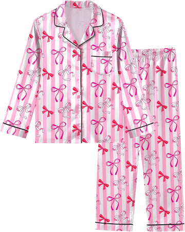 Girls Pajamas Silk PJS Set Satin Sleepwear Long Sleeve Jammies for Kids Button-Down Nightwear Loungewear
