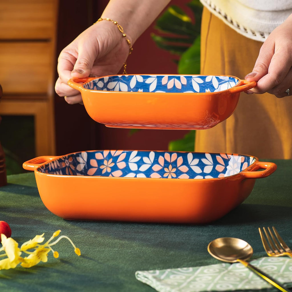 Ceramic Dish Set, 2-Piece Hand-painted Porcelain Rectangular Bakware set with Handles,Large 10.55"L*7.4"W and