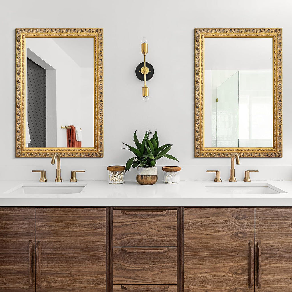 25"x37" Solid Wood Gold Leaf Wall Mirror, Ornate Decor Mirror, Cut-out Carvings Solid Wood Frame