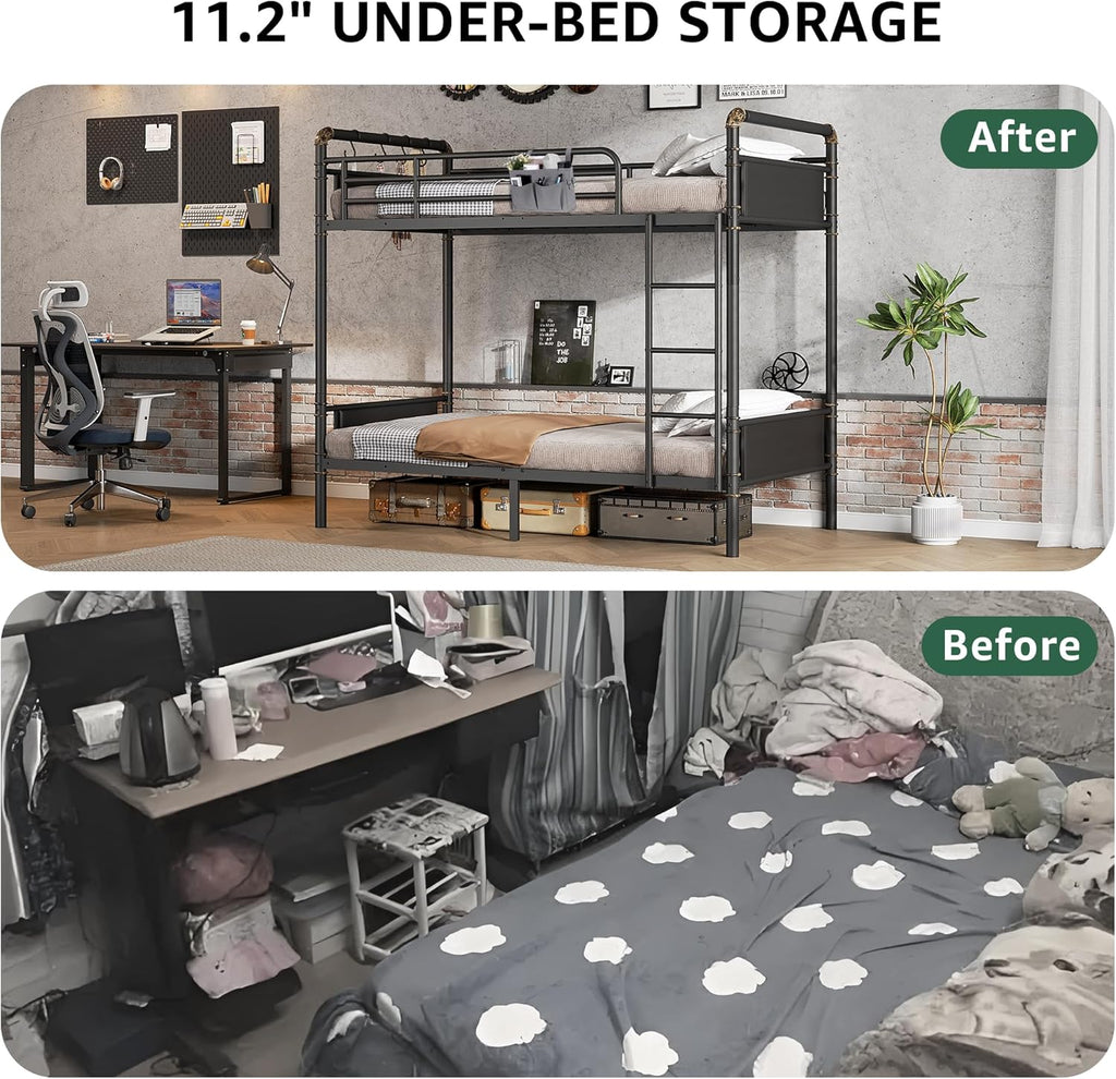 Bunk Bed Twin Over Twin, Heavy Duty Metal Bunkbeds with Ladder and Full-Length Guardrail