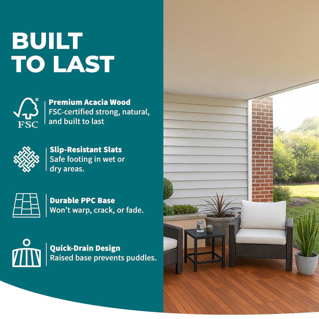 Bliss Outdoors Hardwood 6-Slat Interlocking Deck Tiles, Acacia Wooden Waterproof Patio Flooring for Balcony Indoor and