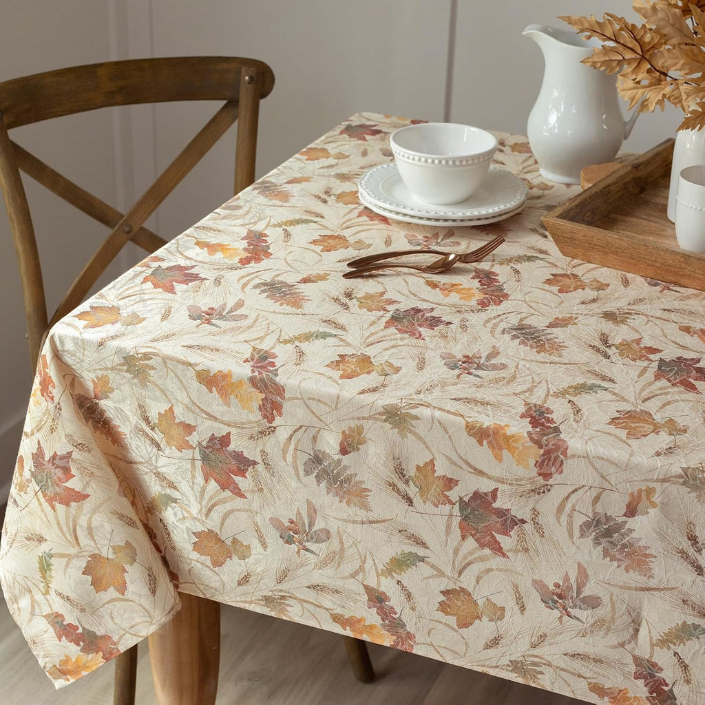 Autumn Jacquard Printed Fabric Tablecloth for Fall, Harvest, and Thanksgiving Table Cloth (Natures Leaves, 60" x 104"