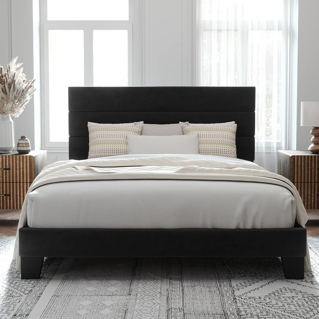 Full Platform Bed Frame with Velvet Upholstered Headboard and Wooden Slats Support