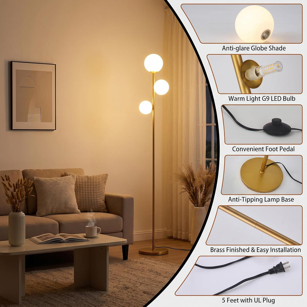 3 Globe Floor Lamp Mid Century Modern, Gold Standing Lamp with Frosted Glass Shade & LED Bulbs