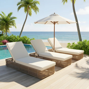 3-Pieces Outdoor Chaise Lounge Chair Set - Adjustable Woven Rope Sun Lounger with 5-Position Backrest (Frame Only)