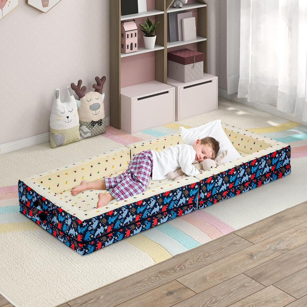 100% Cotton Lining Portable Foldable Toddler Travel Bed - Soft Foam Floor Bed with Washable Cover, Safe and