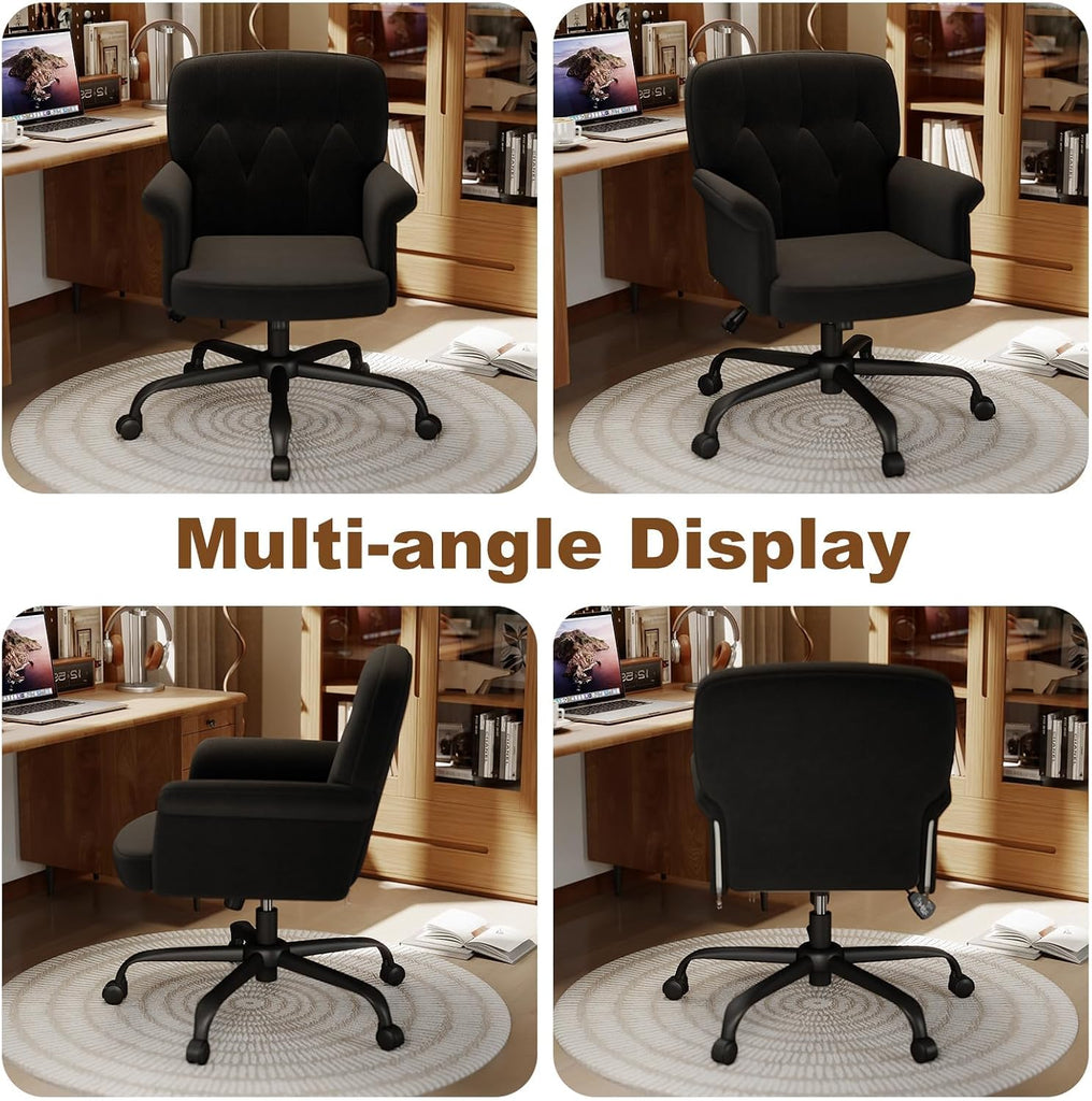 Comfy Home Office Desk Chair, Upholstered Fuzzy Vanity Chair with Wheels and Arms, Modern Adjustable Swivel Computer