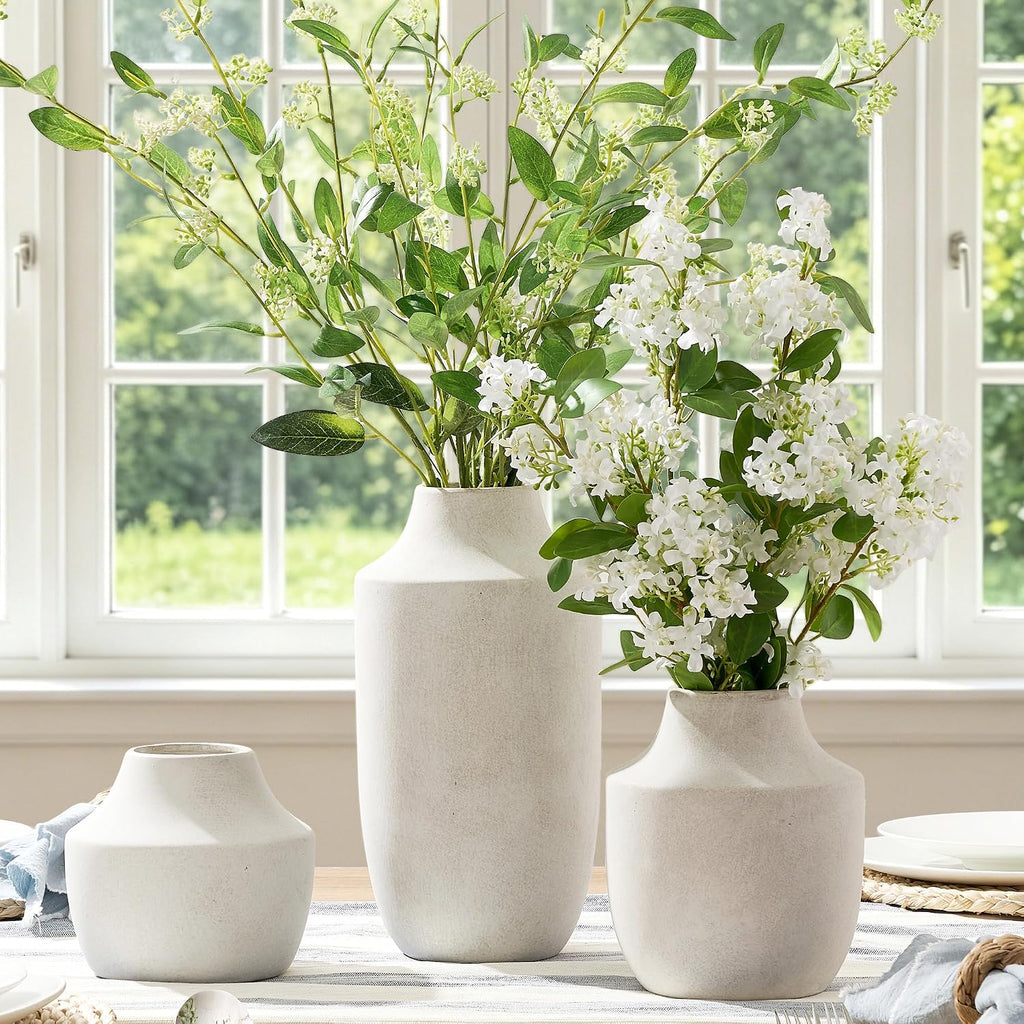 Ceramic Flower Vase, 5.3 inch Off-White Farmhouse Rustic Vase, Handcrafted Weathered Pottery Vases, Small Flower