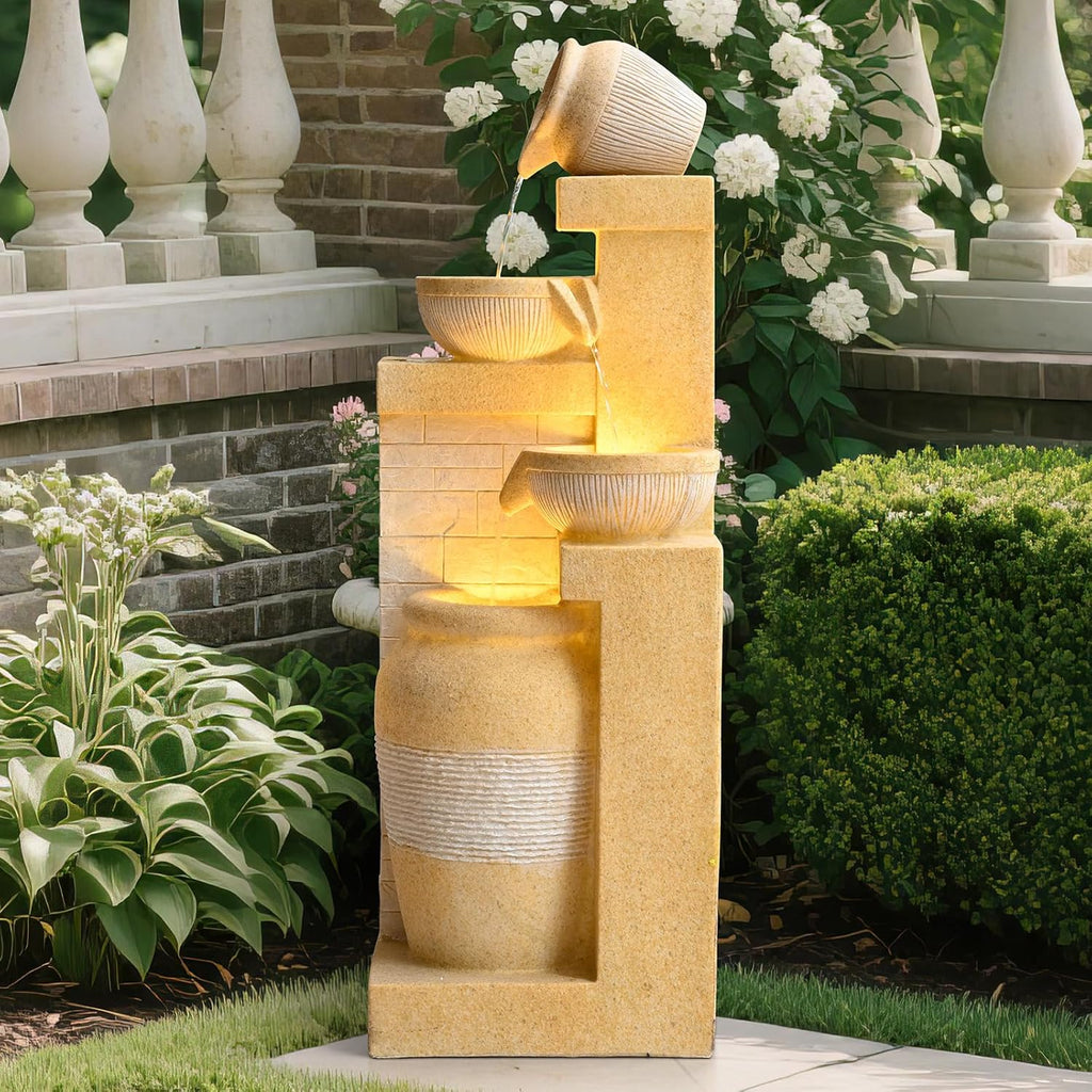 31.89" 4-Tier Outdoor Garden Water Fountain, Floor-Standing Cascading Waterfall with LED Lights