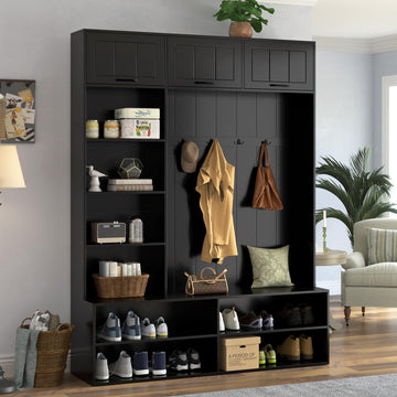 59" W Farmhouse Black Hall Tree with Bench and Shoe Storage, Entryway Bench with Coat Rack and Hooks, Modern Entryway