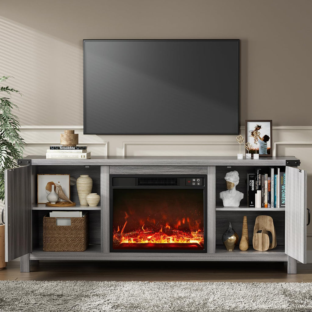 Fireplace TV Stand with Two Barn Doors and Storage Cabinets for Televisions up to 65+ Inch, Entertainment Center