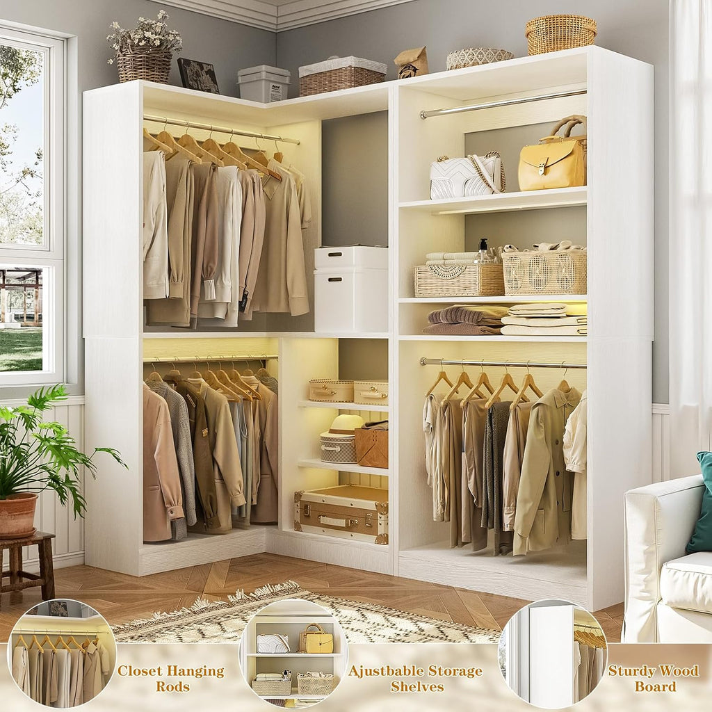 Corner Closet System, 72" L-Shaped Closet Organizer with 4 Hanging Rods, Heavy Duty Wood Garment Rack with Shelves