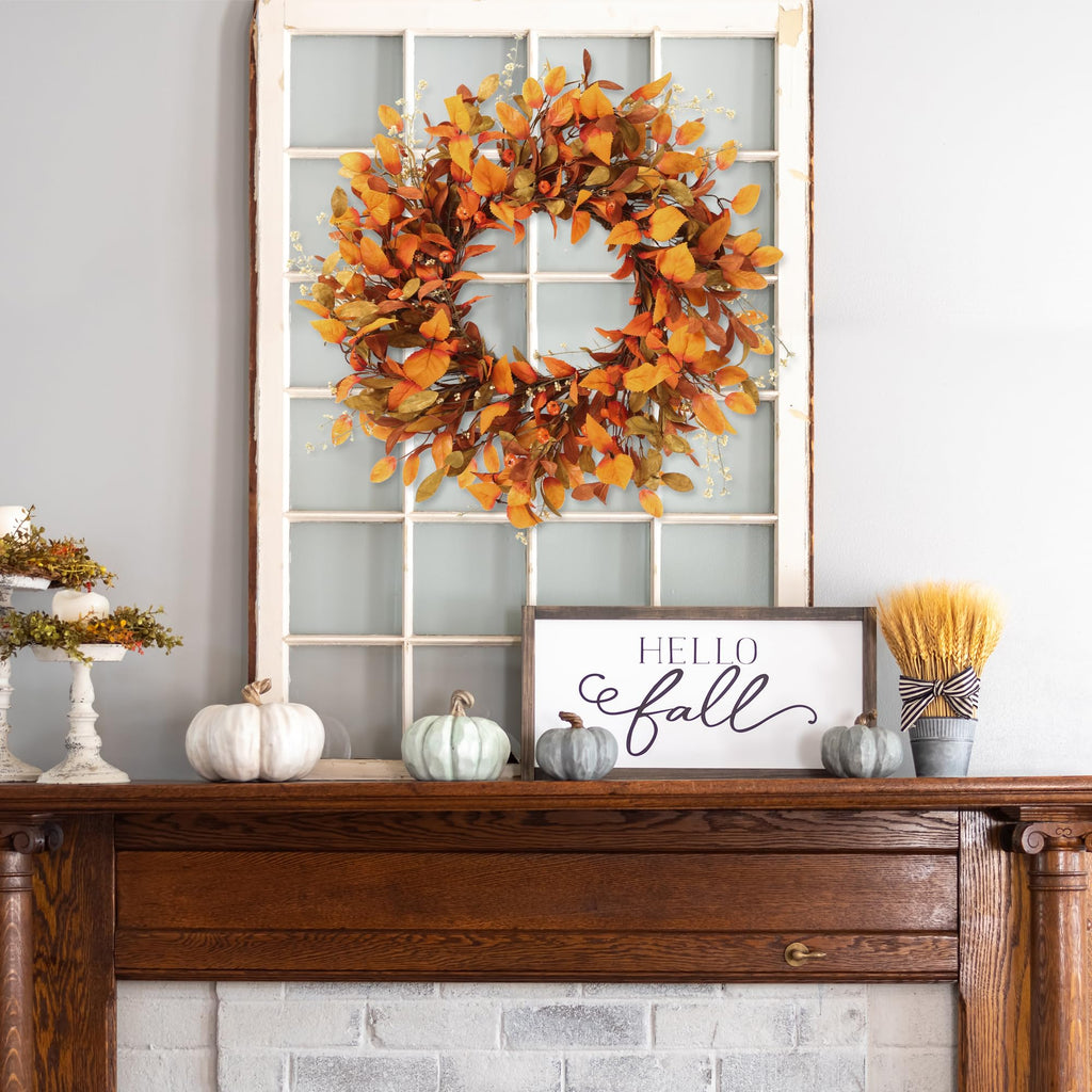 Artificial Fall Wreath 21'' Autumn Front Door Wreath with Fall Leaves Small Pumpkins Cluster of Berries for Outside
