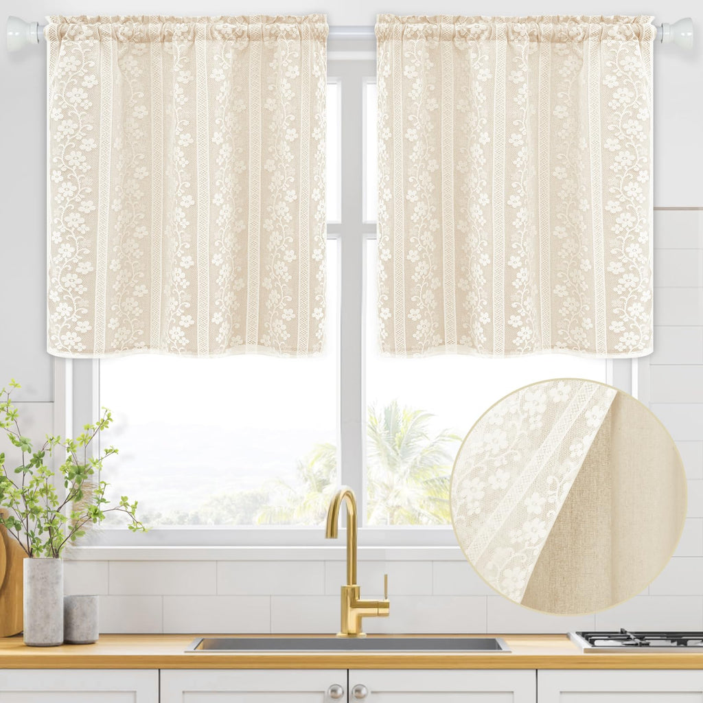 Linen Kitchen Curtains 36 Inch Length, Double Layered Window Curtain 2 Panel Sets Rod Pocket Short Curtains