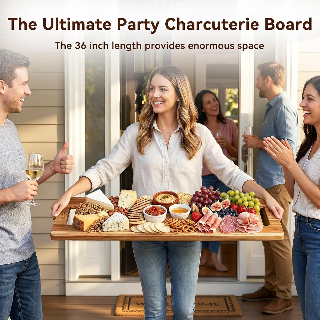 36 Inch Extra Large Charcuterie Board, Acacia Wood Long Serving Board with Handles and 2 Stands, Rectangular Cheese
