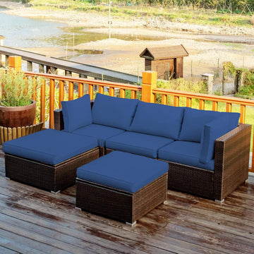 5 Piece Outdoor Patio Furniture Set, Wicker Sectional Rattan Sofa with Cushions, Ottomans and Coffee Table - Navy Blue