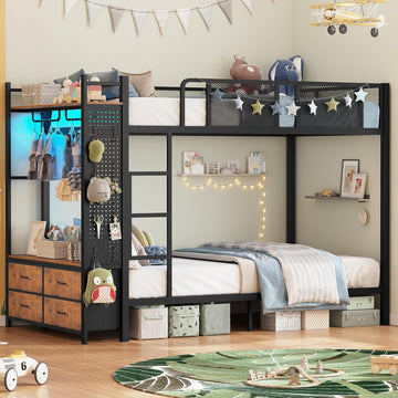 Metal Bunk Bed Twin Over Twin with Hall Tree, Power Outlet, LED Bunk Bed with 4 Storage Drawers