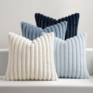 Faux Fur Plush Decorative Throw Pillow Covers 18x18 Set of 4, Summer Modern Soft Fuzzy Coastal Striped Cushion