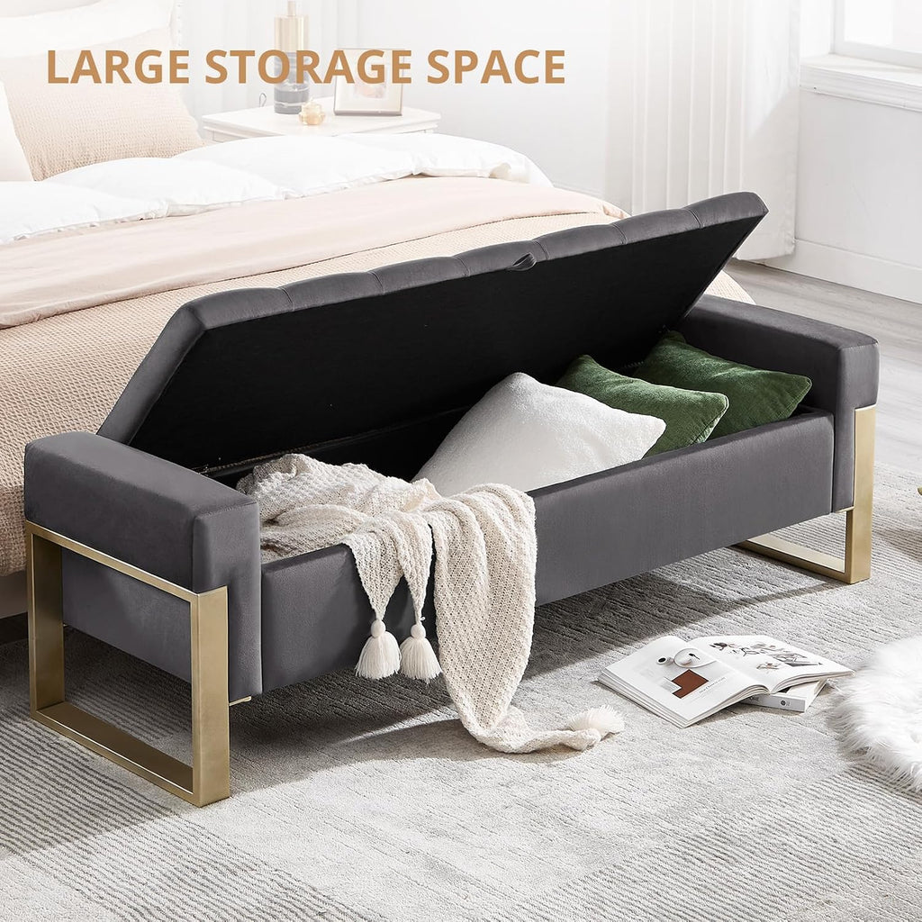 End of Bed Storage Bench, 67'' Benches Foot of Bed King, Upholstered Velvet Tufted Storage Ottoman Bench with Gold