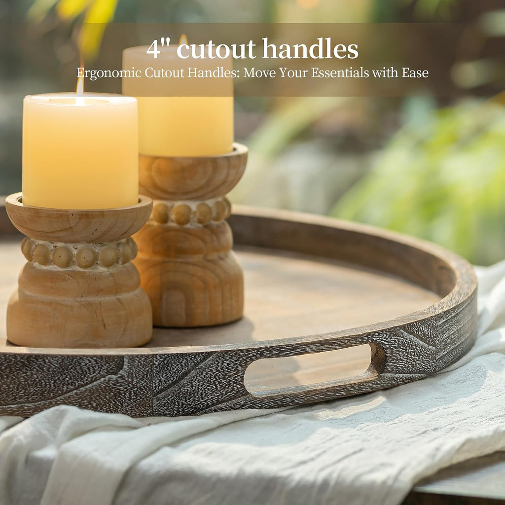 Wood Decorative Ottoman Tray with Handles, Round | 22" Large Coffee Table Tray Farmhouse Rustic Round Topper Decor