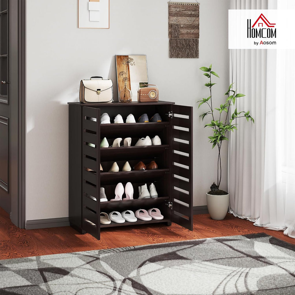 Slim Shoe Cabinet 2 Slatted Doors, 5-Tier Shelving Cupboard for 15 Pairs of Shoes, Narrow Entryway Storage Unit, Dark