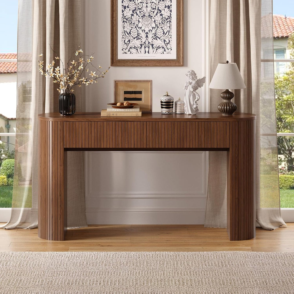 55 Inch Console Table with 2 Drawers, Entryway Tables with Storage,Walnut | Fluted Sofa Table Behind The Couch