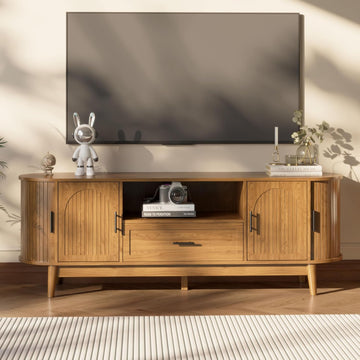 63" Fluted TV Stand for Tvs up to 70", Mid-Century Modern Entertainment Center with Drawers and Fluted Doors, Curved