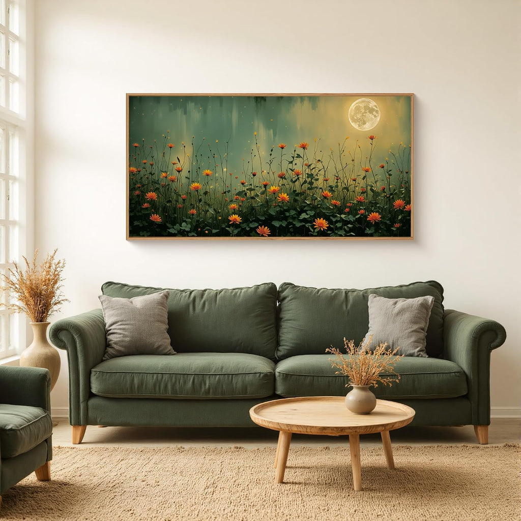 Mystical Midnight Wildflower Framed Canvas Wall Art Set,Moonlit Orange Floral Wall Decor,Nature Inspired Landscape