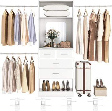 8FT Closet System with Mirror and 3 Extendable Hanging Rods, White | 48" - 96" Walk in Closet Organizer with 4