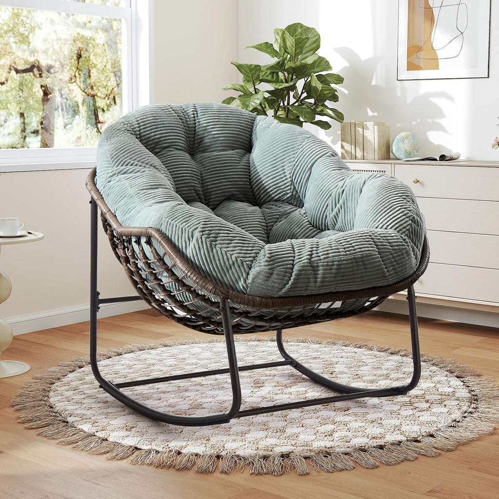 Large Indoor Rocking Chair, Oversized Rocking Papasan Chair with Thick Cushion and Frame,Comfy Corduroy Rocker Wicker