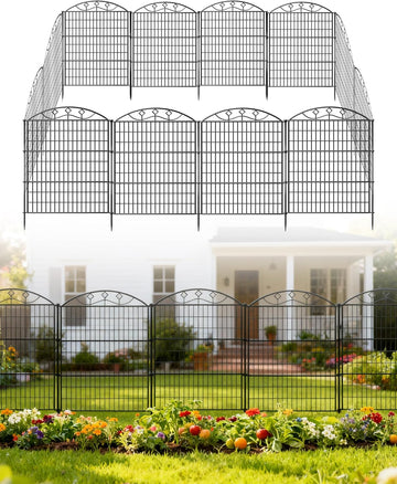 10 Panels 33in H x 29in L Garden Fence, 24ft L Black Metal No Dig Fence Temporary Animal Barrier for Dogs & Rabbits