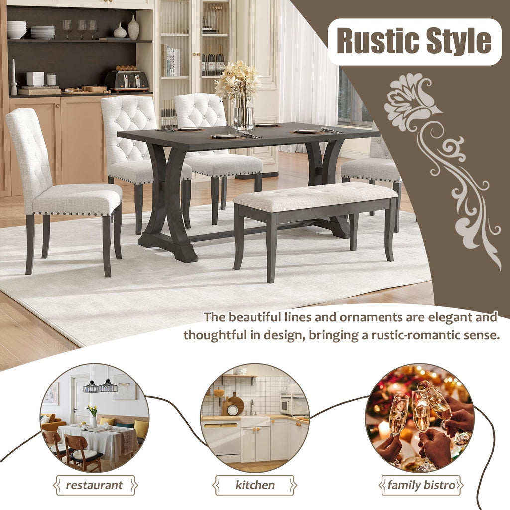 Farmhouse Dining Table Set for 6, Kitchen Table Set with Chairs and Bench, 6 Piece Solid Wood Dining Room Set with