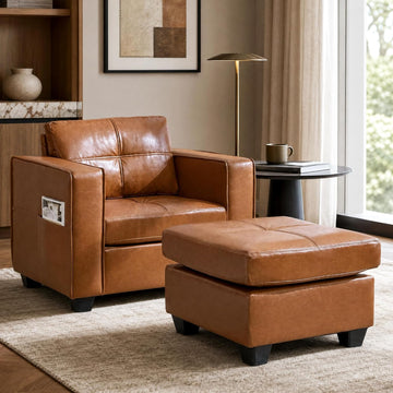 Modern Chaise Lounge Chair and Ottoman — Leather