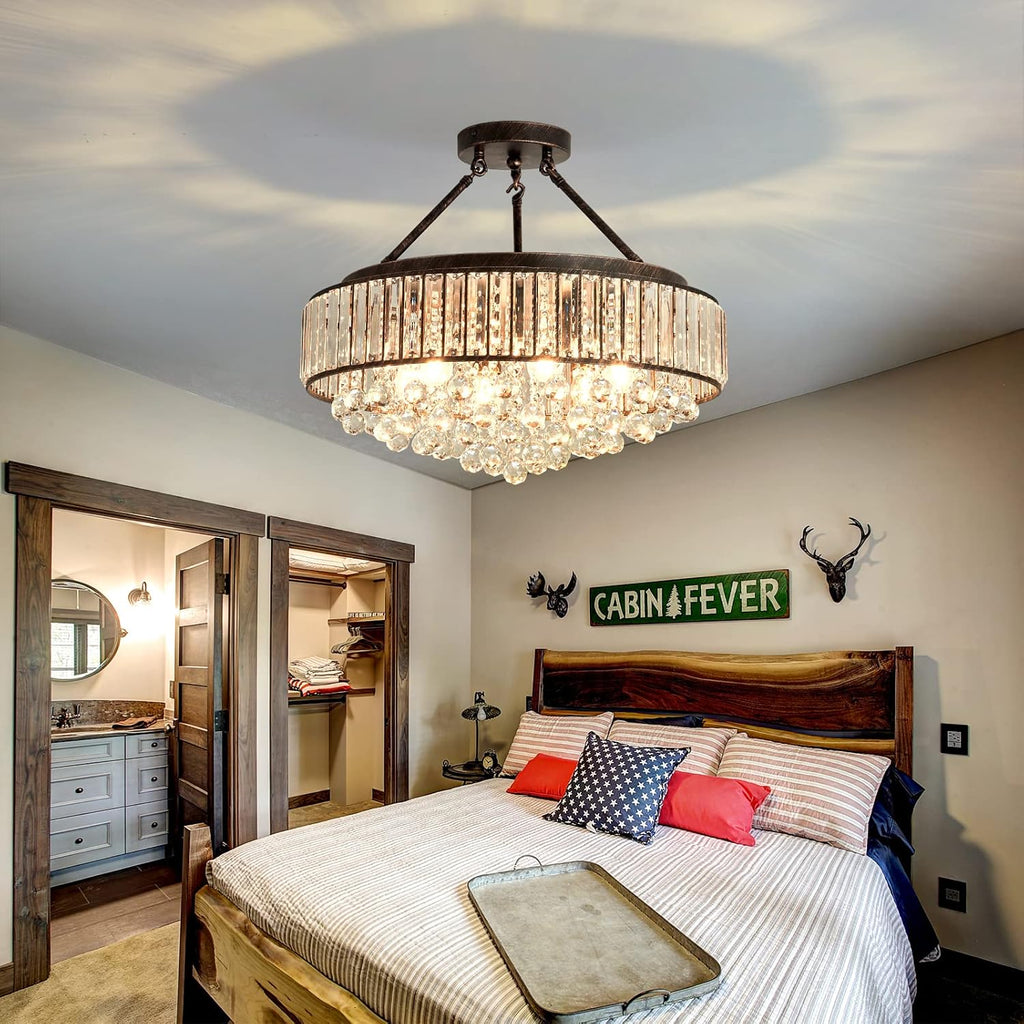 6 Light Modern Crystal Oil Rubbed Bronze Metal Semi Flush Mount Ceiling Light Fixture E26 Indoor Round Ceiling Lamp
