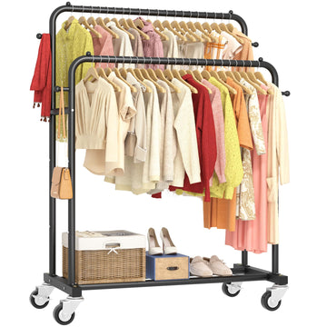 Double Rods Garment Rack with Wheels, Clothing Rack for Hanging Clothes,4 Hooks, Multi-functional Bedroom Clothes