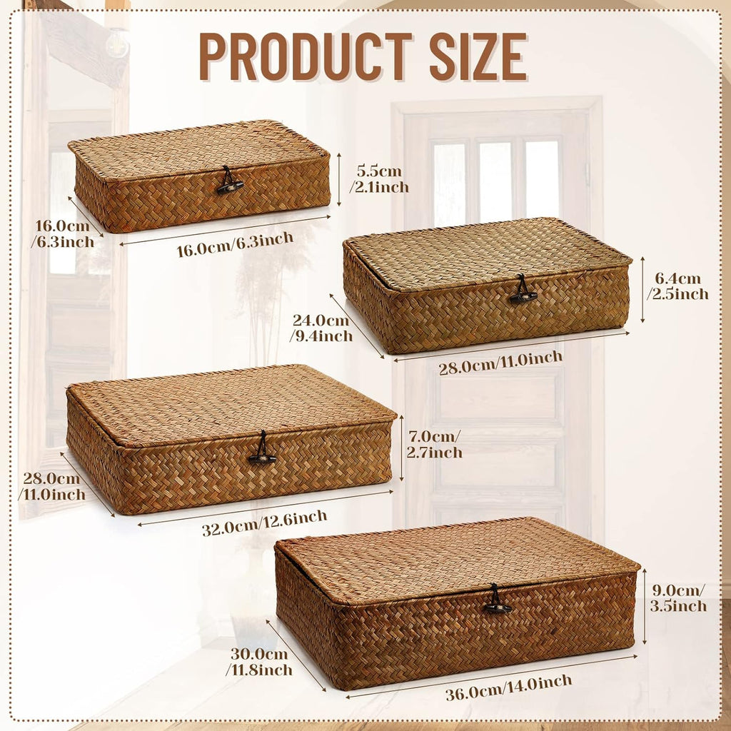Set of 4 Seagrass Basket with Lid Wicker Storage Basket Decorative Storage Boxes with Lids Flat Storage Bins Woven