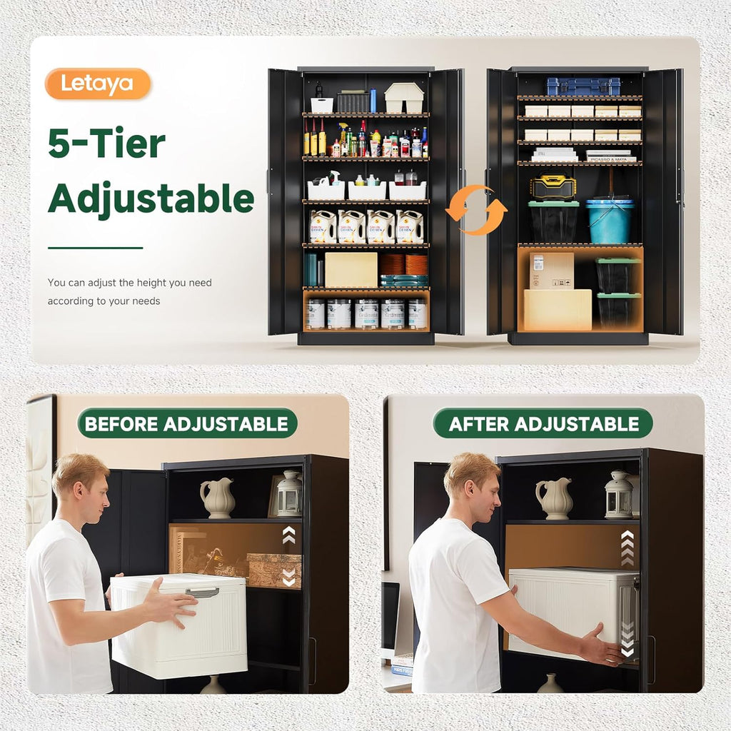 Metal Garage Storage Cabinets with Lock-72 Tall Tool Organizer Steel Lockers, 5 Adjustable Layers Shelves
