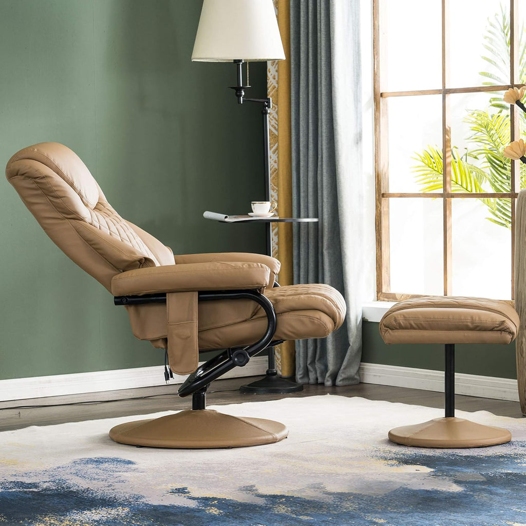 Modern Reclining Swivel Lounge Chair and Ottoman — Cognac Faux Leather
