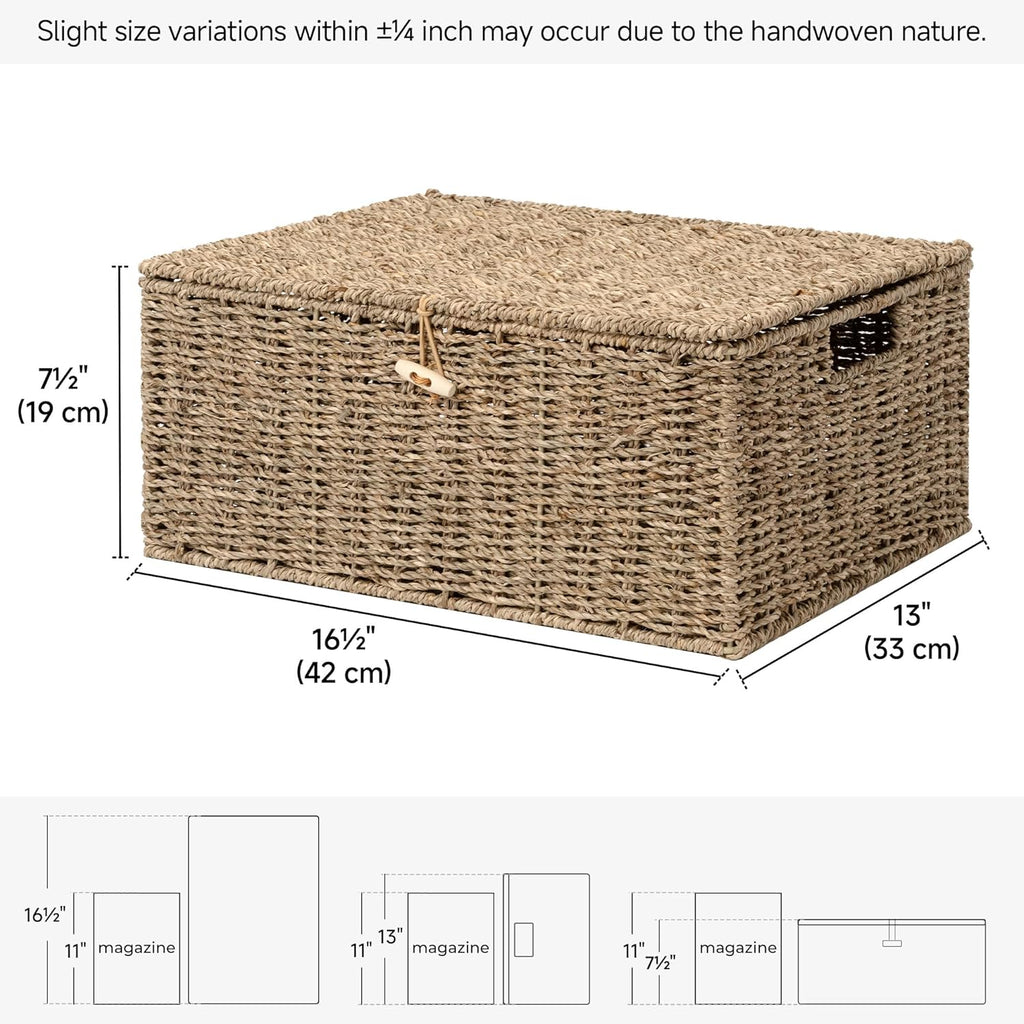 Extra Large Wicker Baskets with Lid for Organizing, Seagrass Storage Baskets for Shelves, Decorative Box with