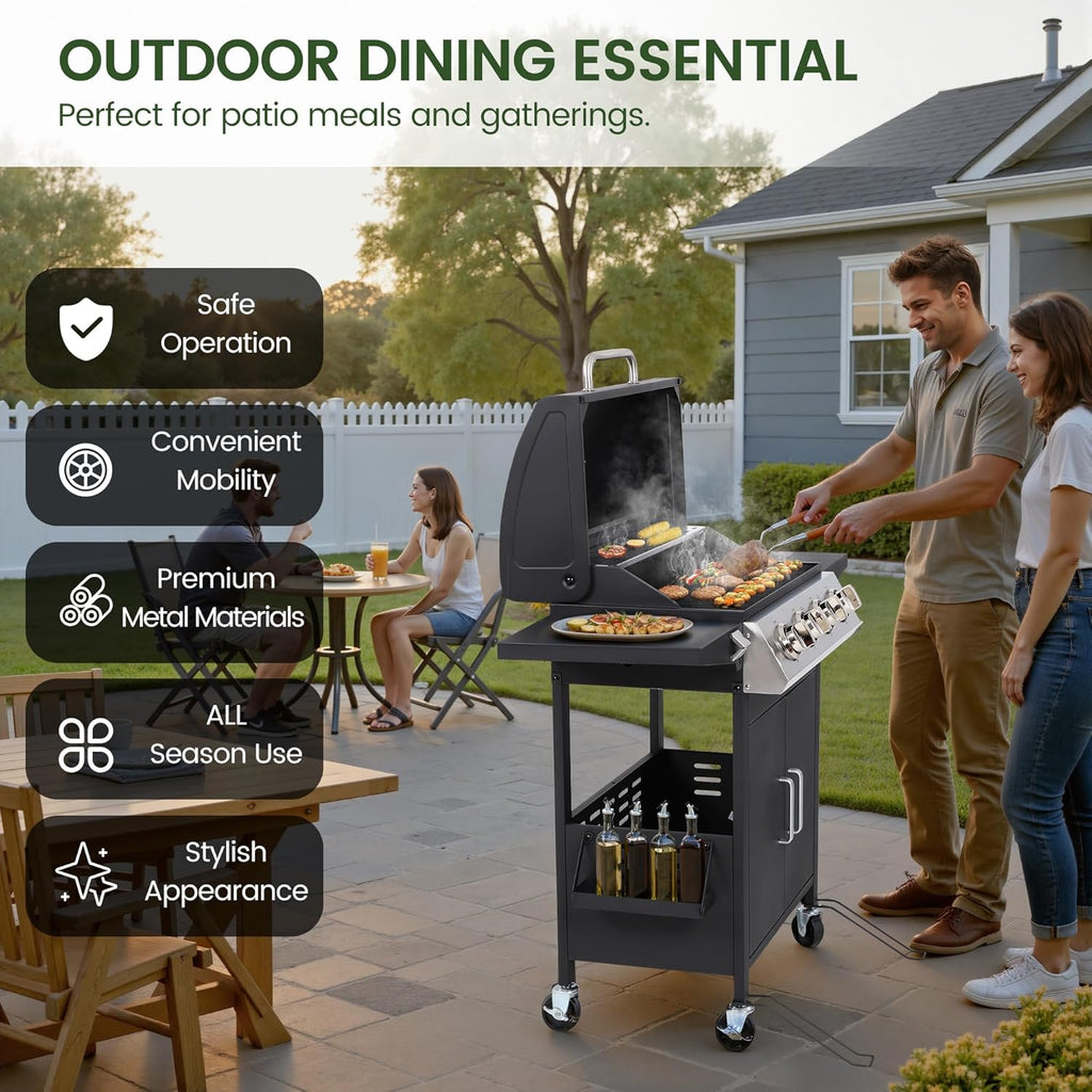 4-Burner Propane Gas Grill, 40,000 BTU Stainless Steel BBQ Grill with Foldable Side Tables, Spice Rack & Wheels