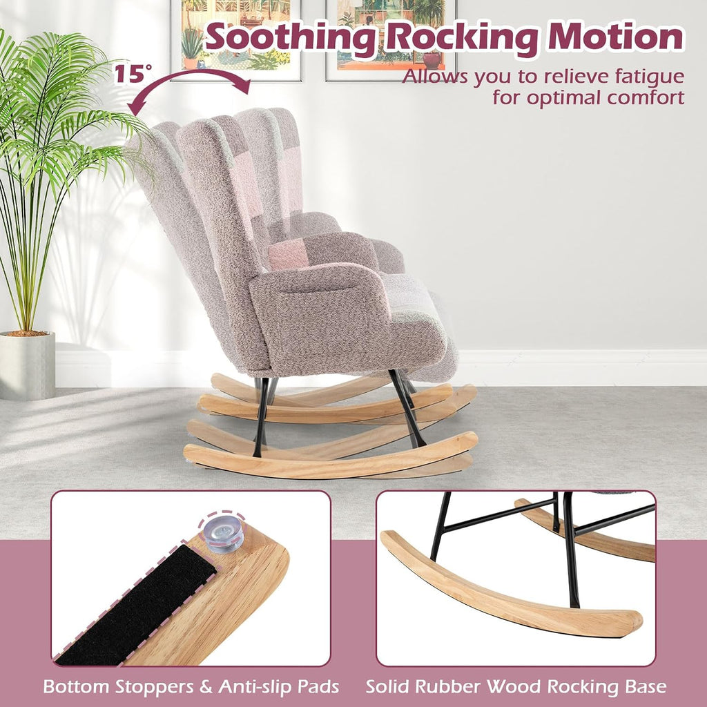 Rocking Chair Nursery, Boucle Upholstered Glider Rocker w/Ergonomic High Backrest, Rubber Wood Legs & Side Pocket
